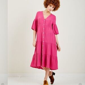 Xirena Pink Cotton Gauze Bell Sleeve Midi Dress Kendall Dress with Pockets